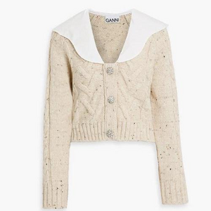 Ganni Crystal-embellished poplin-paneled cable-knit cardigan in Cream
